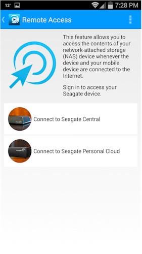 Remote options inside the Seagate Media app