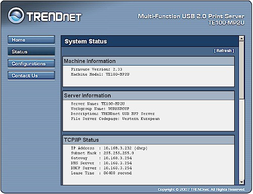 TE100-MP2U web interface