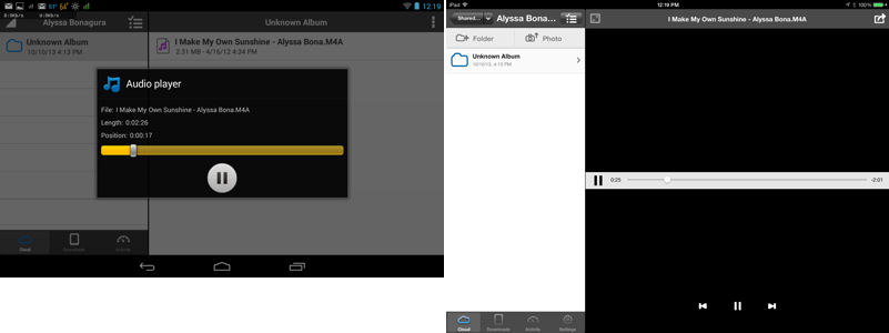My Cloud app playing music on Nexus 7 (left) and iPad (right)