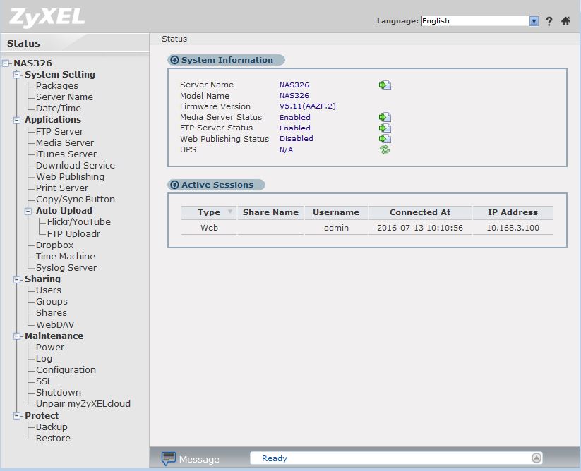 ZyXEL NAS326 Administrator screen