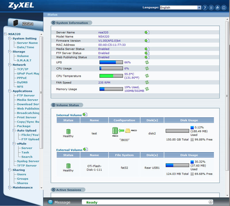 ZyXEL NSA320 admin home page
