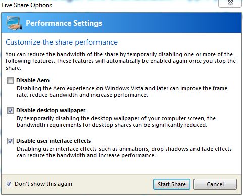Nefsis asks what to disable to improve performance on your system when sharing desktops.