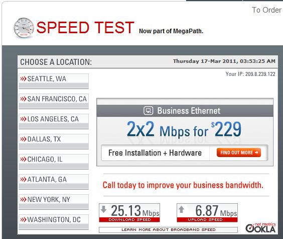 Tests to LA were equally fast, but showed off the fact that PrivateWiFi isn't using the highest tier bandwidth available, or else that upload number would be higher.