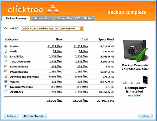 Completed backup summary