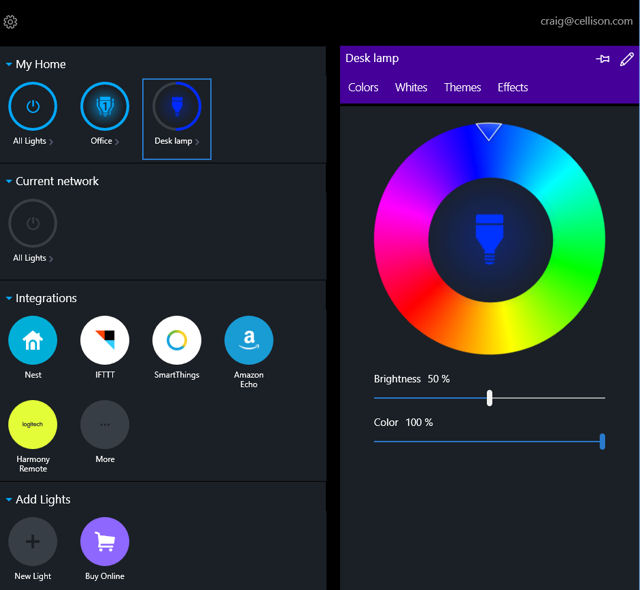 LIFX Windows 10 app showing home screen and color control panel