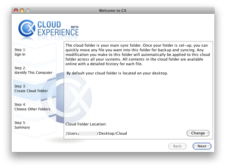 Third step is to pick the "Cloud Folder" location, aka a dropbox.