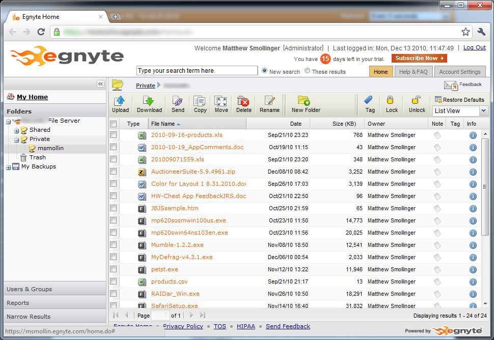 Viewing the NAS file server from the web portal interface.