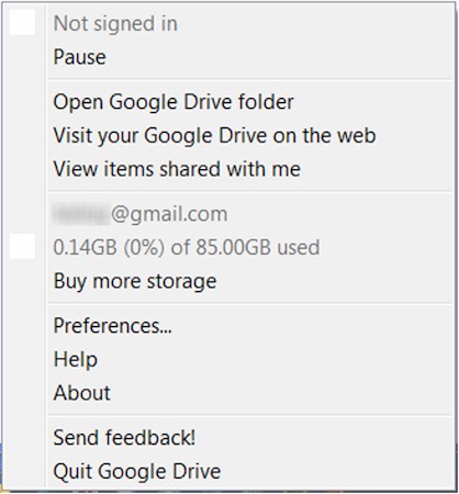 Google Drive System Tray Options