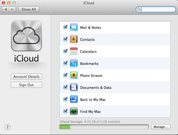 iCloud Control Panel on MacOS X.