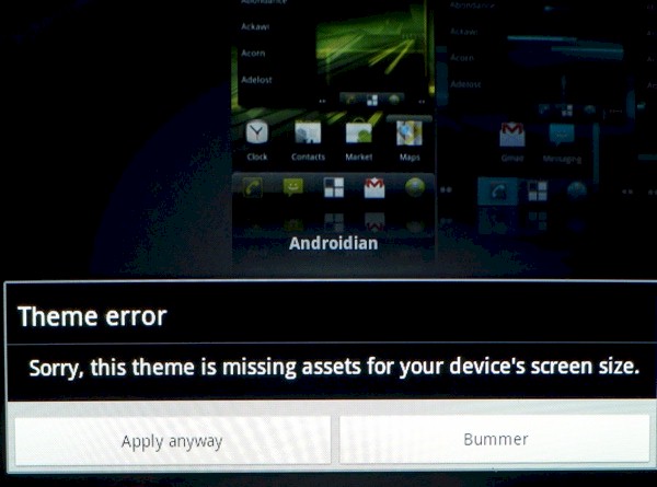CM7 is smart enough to know that the theme won't look right on the device.