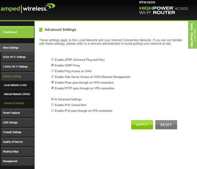 Amped Wireless RTA1200 - Network Settings->Advanced