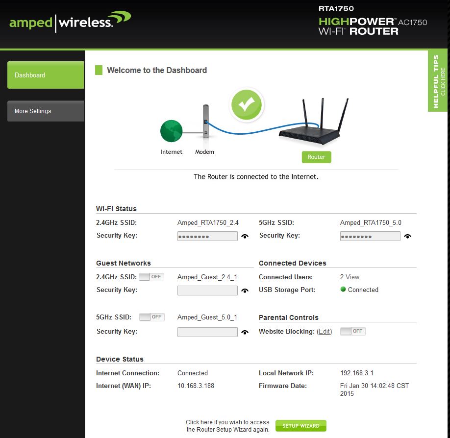 Amped Wireless RTA1750 Dashboard landing page