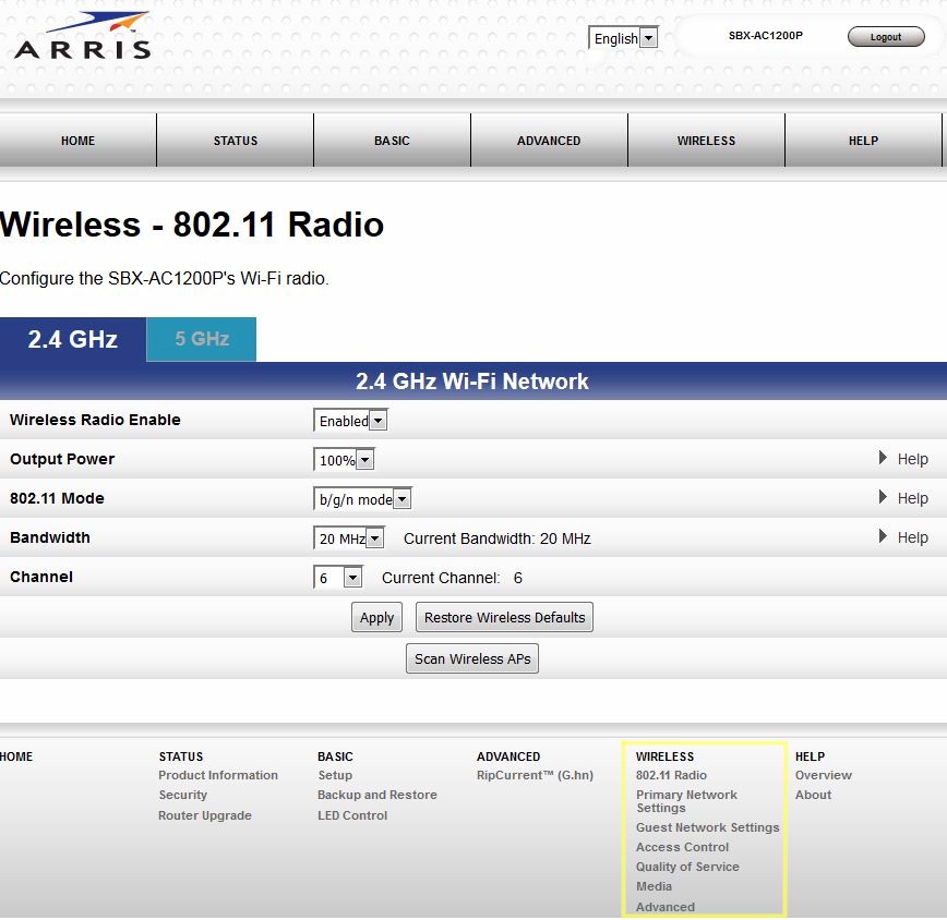 Arris SBX-AC1200P Wireless menu