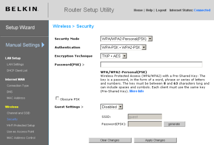 N1 Vision Wireless Security settings