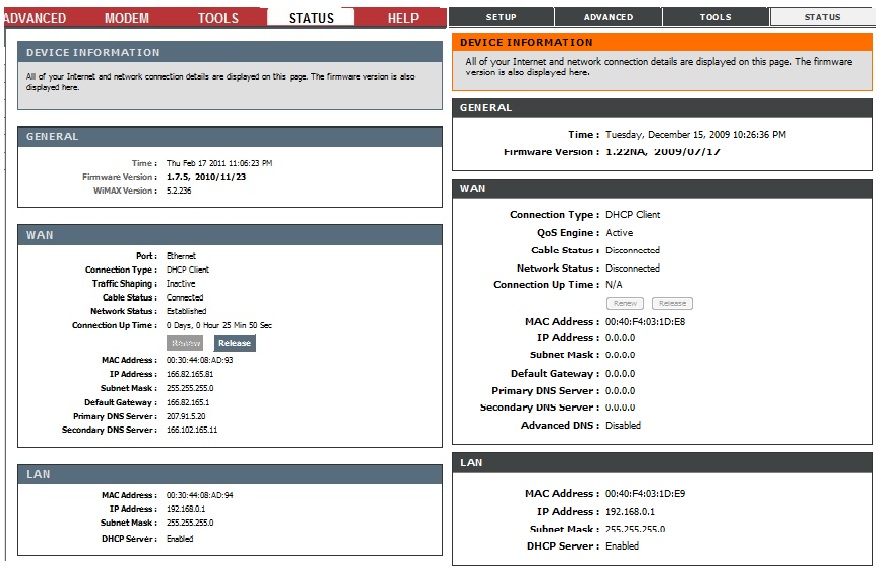 MBR900 vs. D-Link DIR-628 admin screens