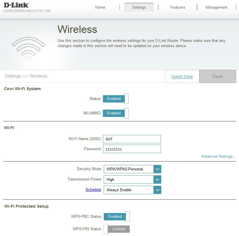 D-Link Covr web admin - Wireless