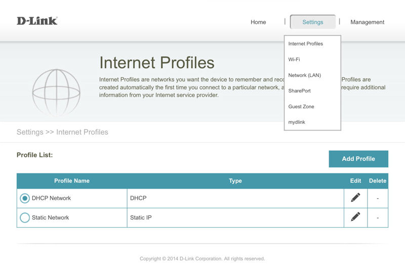 Settings - Internet Profiles