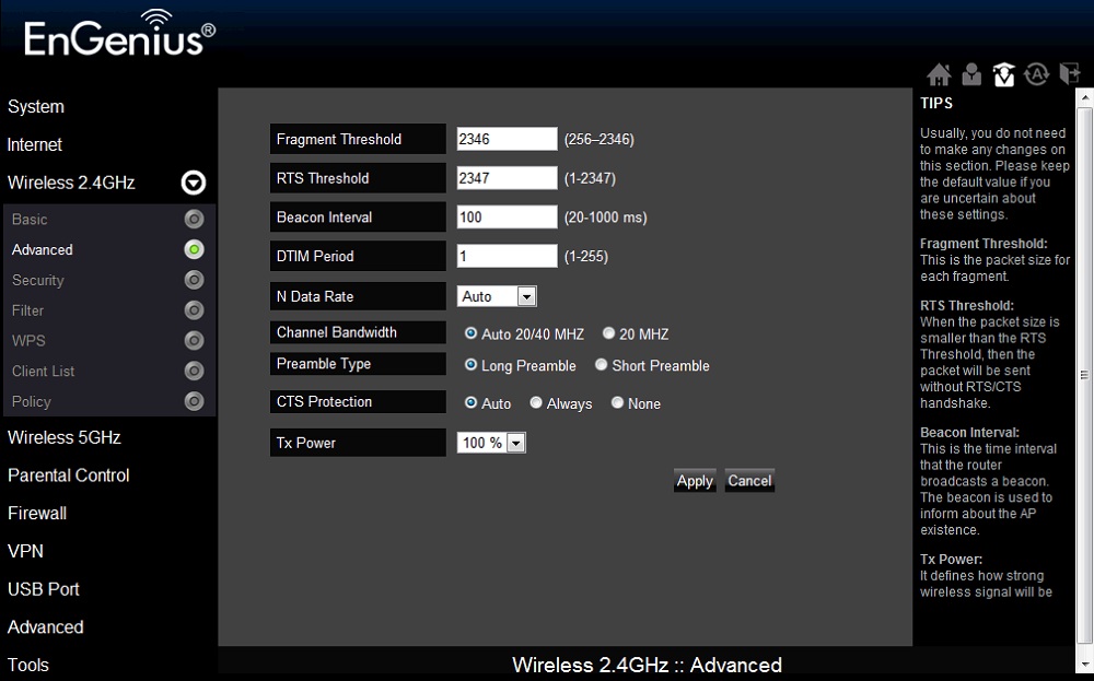Wireless Advanced settings