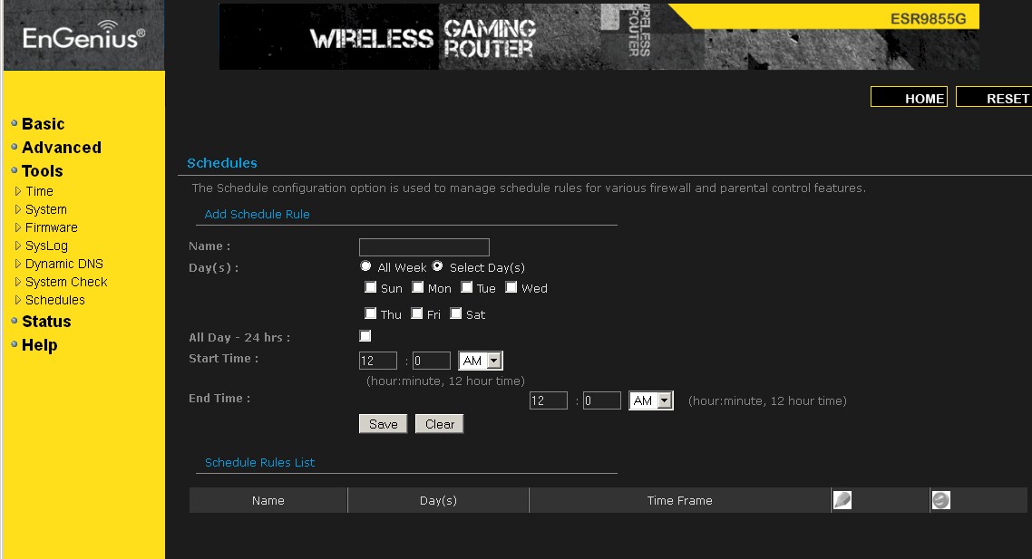 Schedules can be used to enable / disable many firewall features, but not wireless radios.
