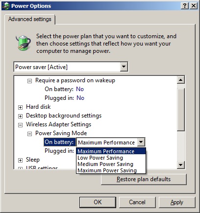Changing Wireless Adapter Power settings in Win 7