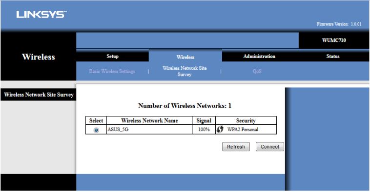 There is also a site survey. Clicking the connect button takes you back to the manual wireless setup screen where you confirm the network SSID and enter the WPA key.