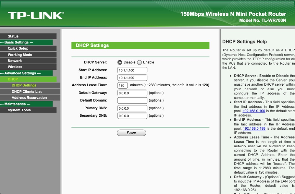 TL-WR700N DHCP Settings screen