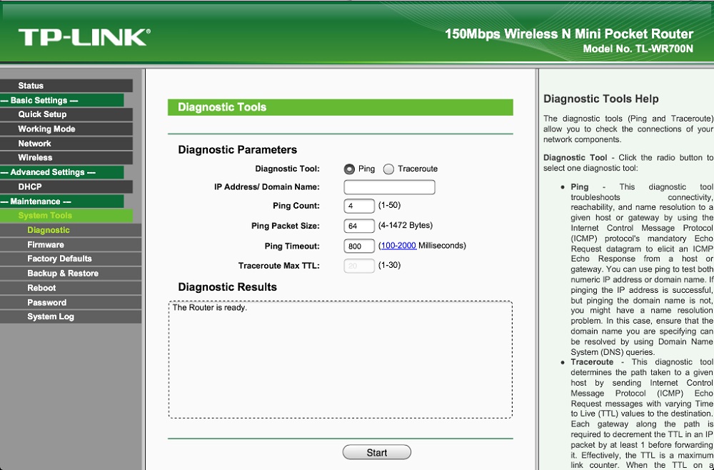 TL-WR700N Diagnostic Tools Screen