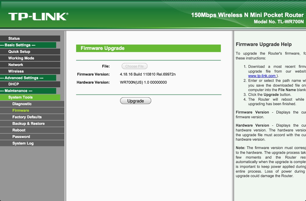 TL-WR700N Firmware Upgrade Screen