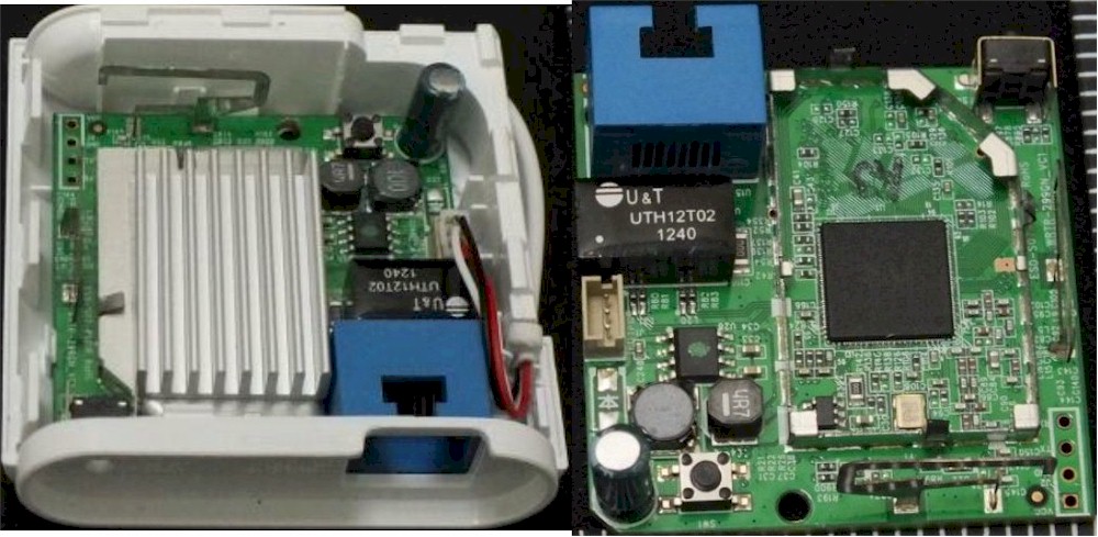 Buffalo WMR-300 with case (left) and PCB with heat sink removed (right)