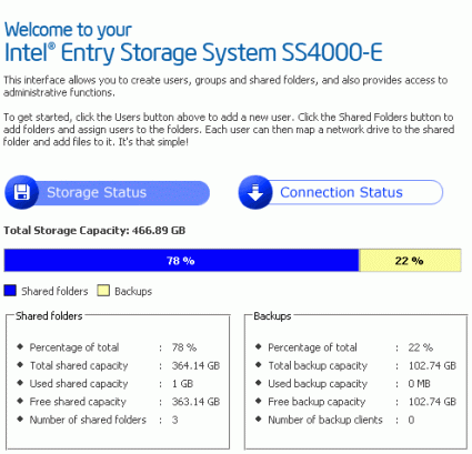 The main menu for the NAS software shows all key settings in a single window.