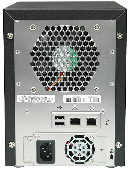 The back of the SS4000E includes a large cooling fan for the hard disks on top, with a smaller fan at the bottom for the power supply. In between, you'll find the ports and connectors.