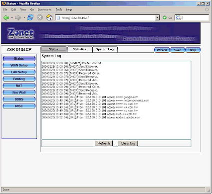 The logging feature in the Zonet ZSR0104CP's control panel