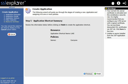  Figure 36: Application Shortcut summary screen