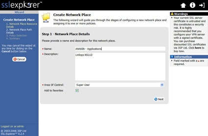 Figure 21: Create Network Place screen