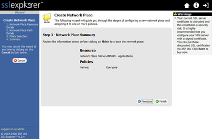Figure 24: Network Place Summary screen