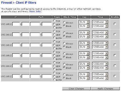 Client IP Filters Screen