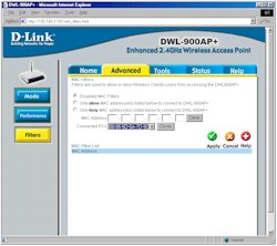 D-Link 900AP+ - MAC address filters screen