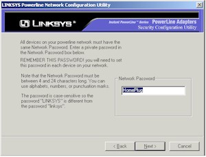 Linksys Powerline Security Configuration Utility - Network Password screen