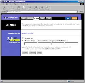 WAP54G: AP Mode screen