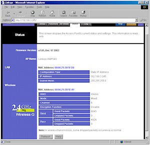 Linksys WAP54G: Status screen
