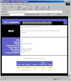 Linksys WET11- Web I/F Info screen