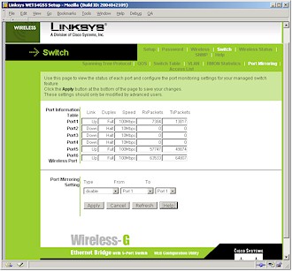 Linksys WET54GS Port Mirroing page