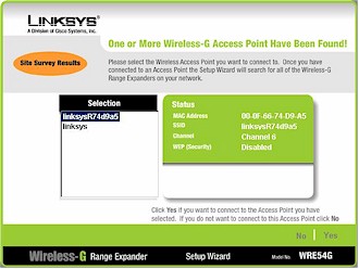 Linksys WRE54G - Site Survey result screen