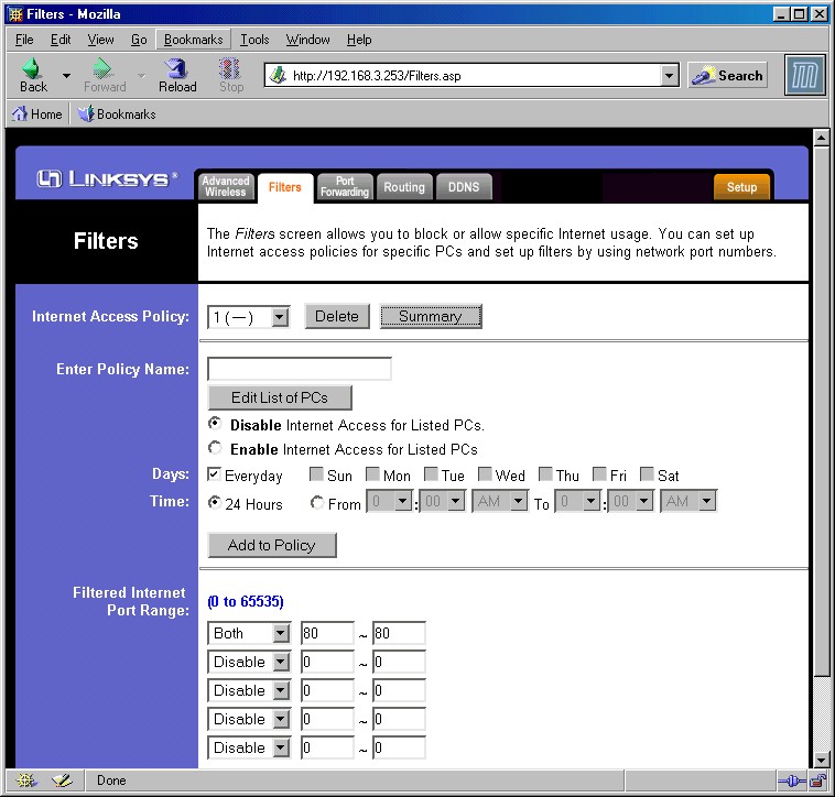 Linksys WRT54G - Filters screen