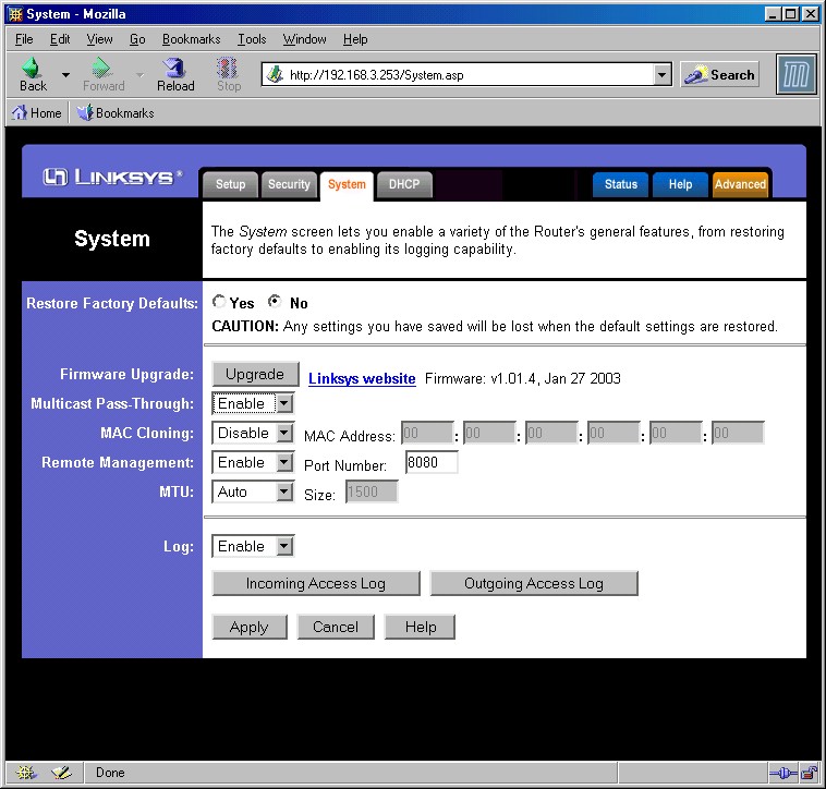 Linksys WRT54G - System screen