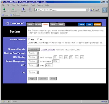 Linksys WRT55AG - System screen