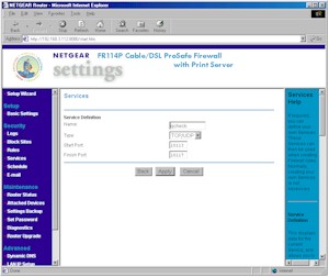 NETGEAR FR114P: Services screen