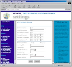 NETGEAR FVS318: VPN settings - manual screen