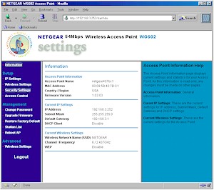 NETGEAR WG602- Information screen