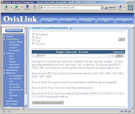 OvisLink MU-9000VPN Keyword Filtering